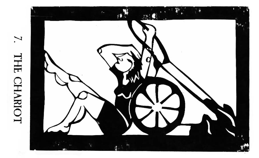 Black and white papercut horizontal tarot card of someone with muscular calves seated and pulling a wheeled cart from behind them.