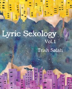 A blue sky sandwiched by a yellow cityscape on top and a purple one below.