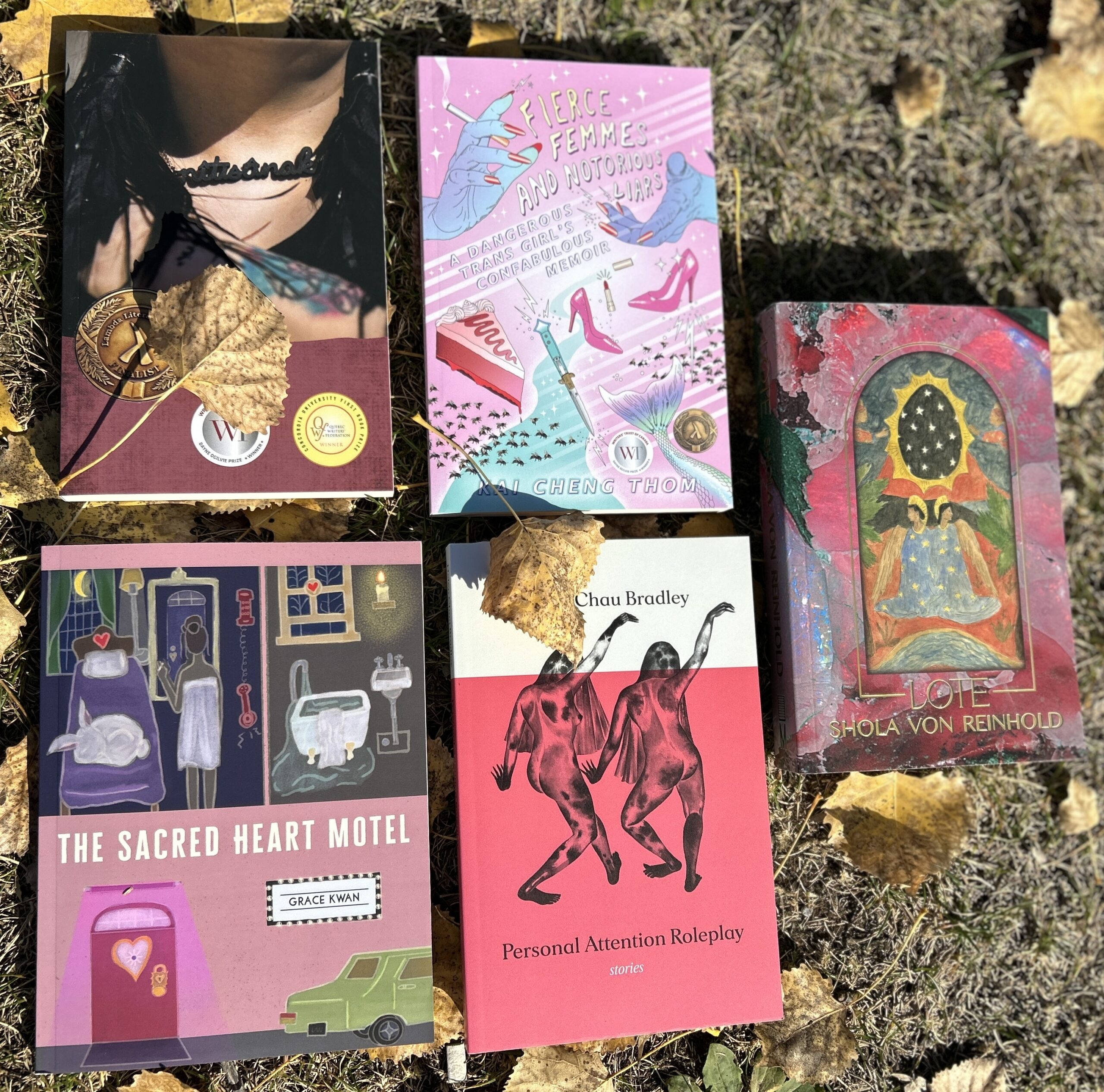 nitisanak, fierce femmes and notorious liars, the sacred heart motel, personal attention roleplay, and LOTE all on grass with dry autumn leaves