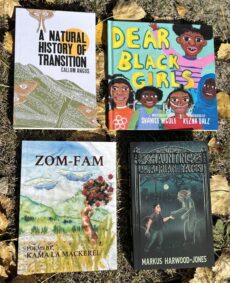 Book covers of A Natural History of Transition, Dear Black Girls, ZOM-FAM, and The Haunting of Adrian Yates on grass with dried autumn leaves