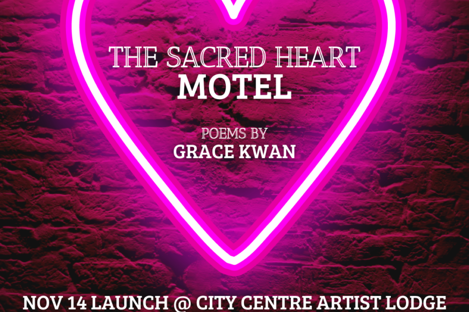 Heart-shaped neon light with Sacred Heart Motel written inside of it, along with Grace Kwan's name and the same event details outlined in posting.